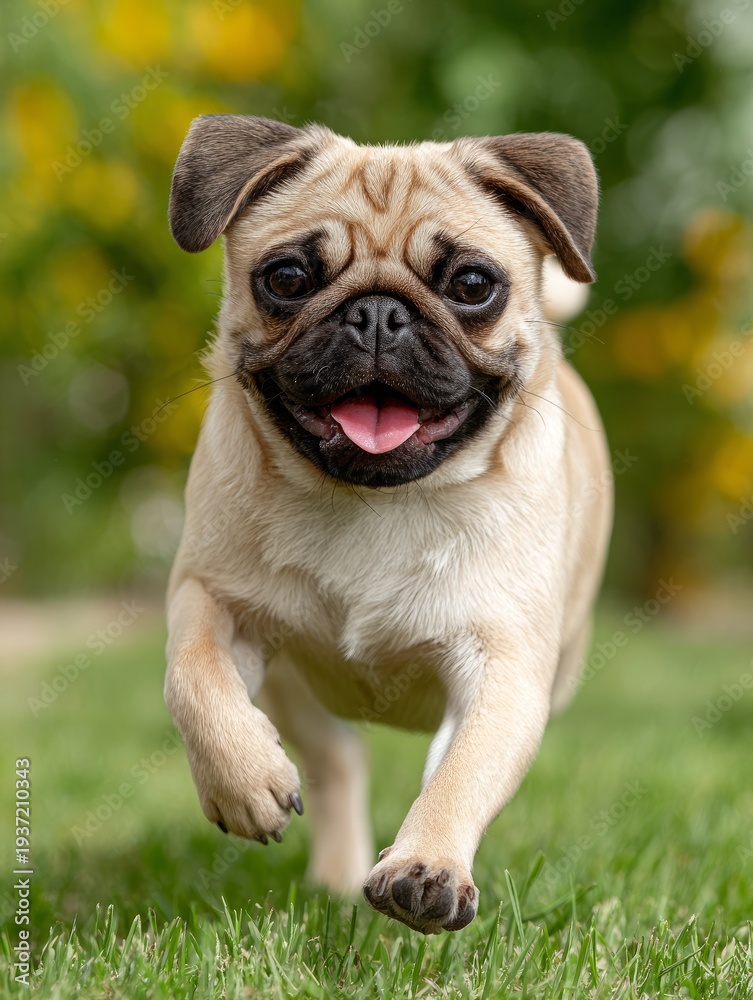 Obraz premium Happy pug running on green grass in sunny garden