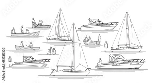 People and Boats Blueprint Vector Set – Marine Activity Multi-View Technical Outline Drawings Isolated on White