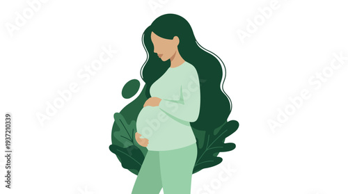 Serene pregnant woman embracing her baby bump amidst natural green leaves
