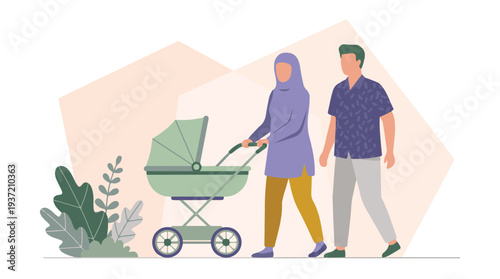 Muslim couple walking with baby stroller, happy family time outdoors