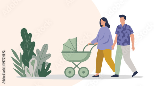 Flat illustration of young parents walking with a baby stroller outdoors