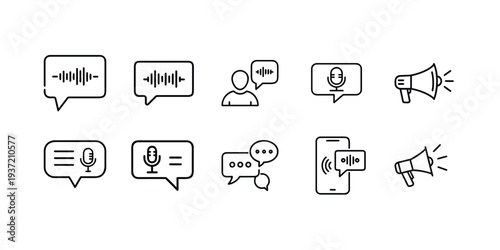 Voice message and audio chat line icon set featuring speech bubble sound wave microphone and megaphone for digital communication and more vector illustration or editable stroke