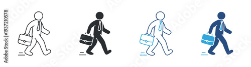 Businessman Walking Icon Set, Professional Career Movement, Office Worker with Briefcase Symbol, Vector Illustration