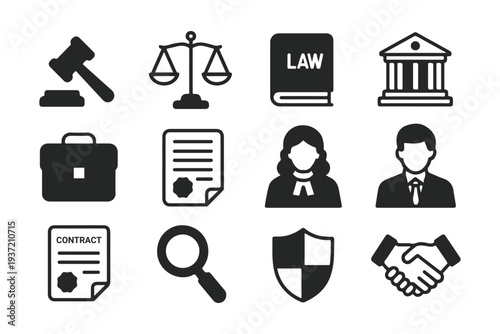 Minimalist Legal Icons Set – 12 Vector Icons in Grid Layout, Black & White, Modern Flat Design