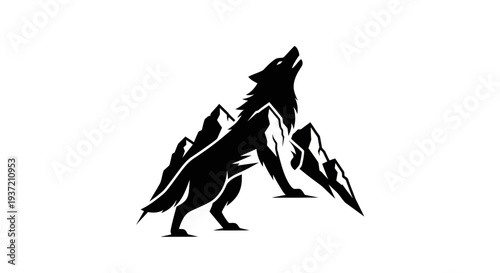 Silhouette of howling wolf and mountains