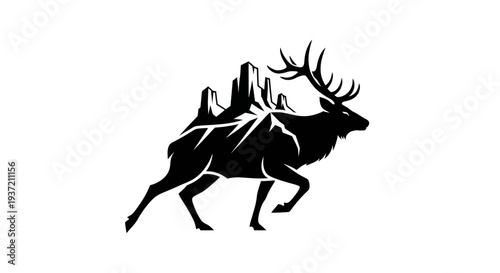 Silhouette of running elk and mountain