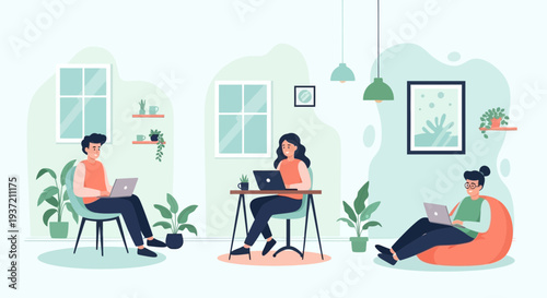 People Relaxing at Home Illustration – Cozy Living Room Lifestyle and Leisure Activities