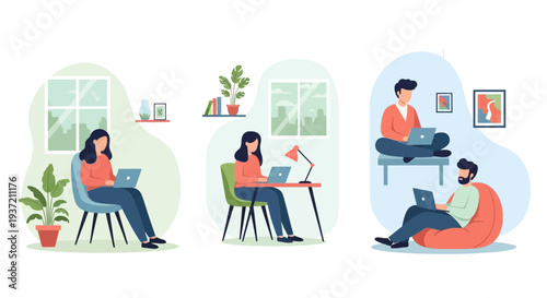 People Relaxing at Home Illustration – Cozy Living Room Lifestyle and Leisure Activities