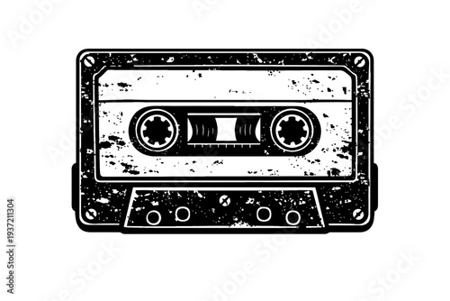 Vintage cassette tape with distressed design and worn edges, retro music symbol, nostalgic audio format, grunge style, black and white illustration