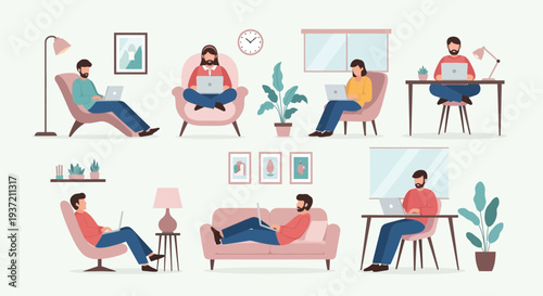 People Relaxing at Home Illustration – Cozy Living Room Lifestyle and Leisure Activities