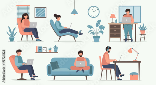 People Relaxing at Home Illustration – Cozy Living Room Lifestyle and Leisure Activities