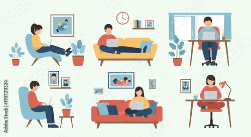 People Relaxing at Home Illustration – Cozy Living Room Lifestyle and Leisure Activities