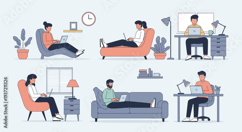 People Relaxing at Home Illustration – Cozy Living Room Lifestyle and Leisure Activities