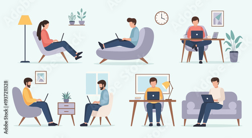 People Relaxing at Home Illustration – Cozy Living Room Lifestyle and Leisure Activities