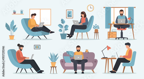 People Relaxing at Home Illustration – Cozy Living Room Lifestyle and Leisure Activities