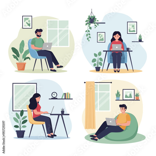 People Relaxing at Home Illustration – Cozy Living Room Lifestyle and Leisure Activities