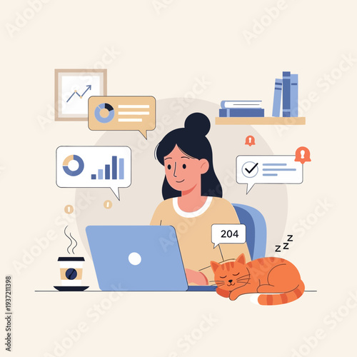 Woman Working from Home Illustration – Remote Work Productivity and Online Communication Concept