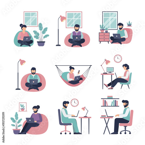 People Relaxing at Home Illustration – Cozy Living Room Lifestyle and Leisure Activities