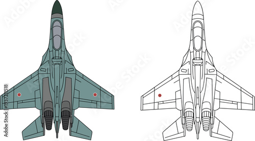 Modern fighter jet top view vector illustration with colored model and outline blueprint, military combat aircraft design isolated for aviation and defense concepts