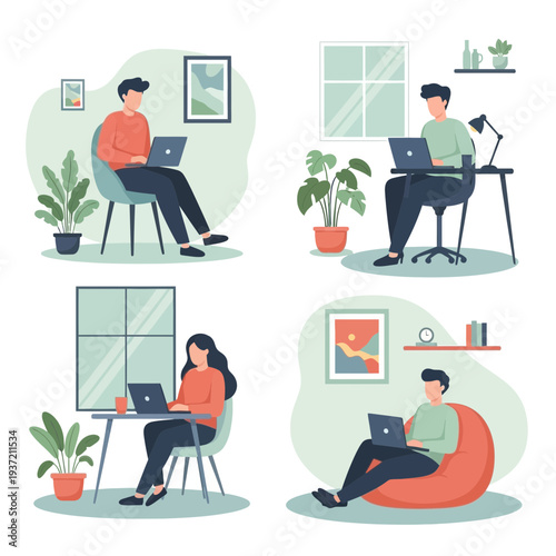 People Relaxing at Home Illustration – Cozy Living Room Lifestyle and Leisure Activities