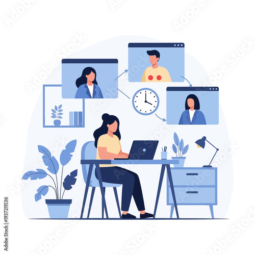 Online Business Meeting Illustration – Remote Team Video Conference and Collaboration Concept