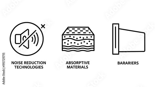 Noise reduction, absorptive materials, and barrier icons signifying soundproofing solutions for acoustic control in construction and industry