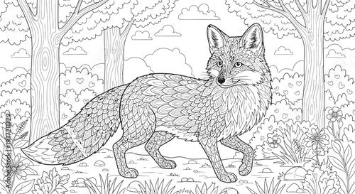 A sketchy illustration of a fox standing in a forest isolated on transparent background