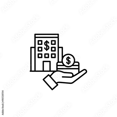 Hand holding dollar bill paying rent online on laptop for apartment or house payment flat icon vector illustration