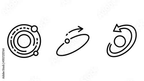 Icons illustrating astronomical concepts: planetary orbits, elliptical motion, and a rotating celestial body, suitable for science and space themes.