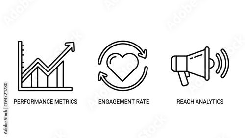Business analytics icons: performance metrics, engagement rate, and reach analytics, representing growth and communication strategies.