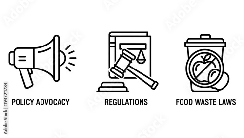 Icons for policy advocacy, regulations, and food waste laws: megaphone, gavel, and trash bin with apple, representing legal and social issues.