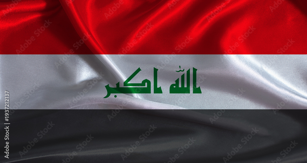 Naklejka premium Irak flag with cloth textured background. National flag of Irak with realistic texture