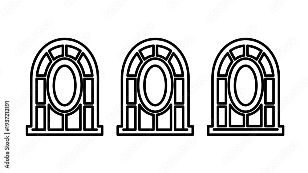Fototapeta premium Three identical arched window icons, abstract design representing architecture, interior design, or geometric patterns in a minimalist style.