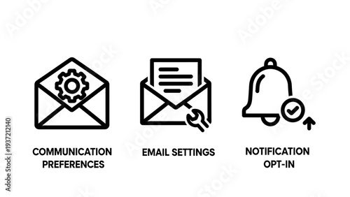 Set of communication icons: communication preferences, email settings, and notification opt-in representing digital correspondence and user control.