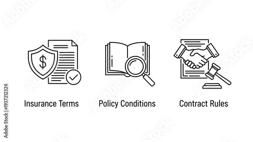 Legal and business icons: insurance terms shield, policy conditions open book with magnifying glass, and contract rules gavel with handshake. Symbolizing agreements and legal processes.