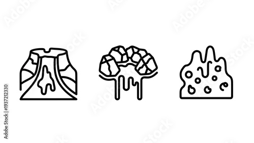 Geology icons: erupting volcano, melting rocks, and amoeba-like blob representing natural disaster, seismic activity, and earth science.