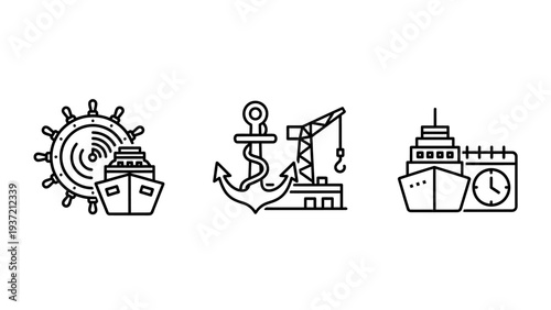 Maritime and shipping icons: ship helm with radio waves, anchor and crane at dock, and cargo ship with clock for logistics and travel planning.