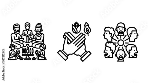 Diverse people icons: community gathering, hand gesture with produce, and networked faces for unity, teamwork, and connection.