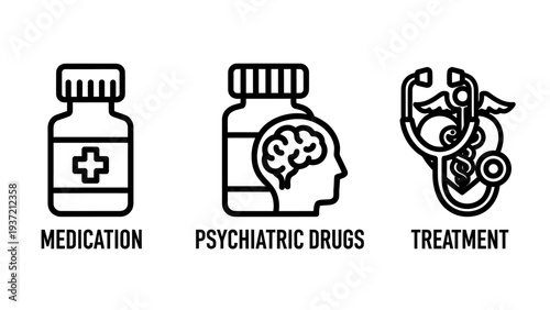 Medical icons: prescription bottle, brain in pill bottle, and caduceus stethoscope for medication, mental health, and treatment.