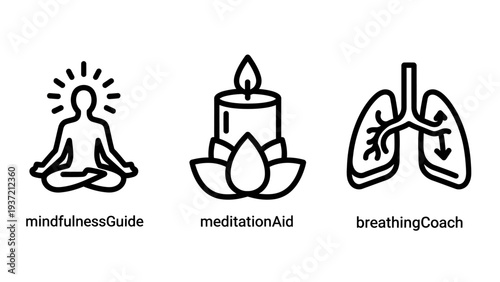 Wellness icons: meditating figure, candle on lotus, and lungs for mindfulness, meditation, and breathing exercises.