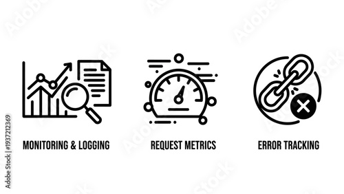 Data analytics and error tracking icons: rising graph with document, speedometer for metrics, and broken chain link for errors.