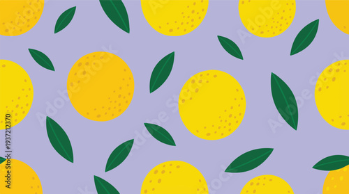 Seamless pattern of bright yellow citrus fruits and green leaves on purple