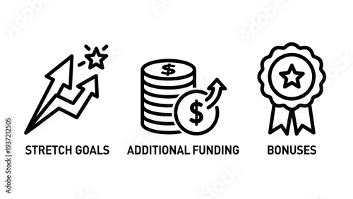 Outline icons representing business growth: upward arrows, stack of coins with arrow, and award ribbon with star, for finance and achievement