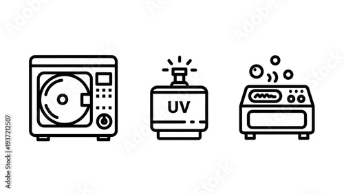 Outline icons for microwave, UV lamp, and washing machine, representing home appliances and technology