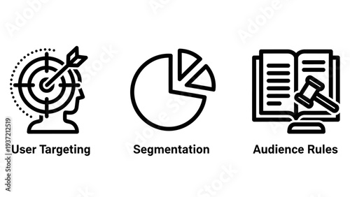 Outline icons for user targeting, segmentation pie chart, and judge gavel on book, representing marketing strategy and audience rules