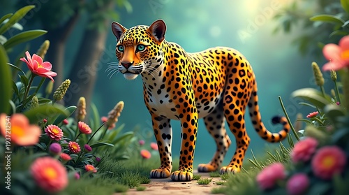 Fantasy Leopard Illustration with Vibrant Botanical and Wildlife Design