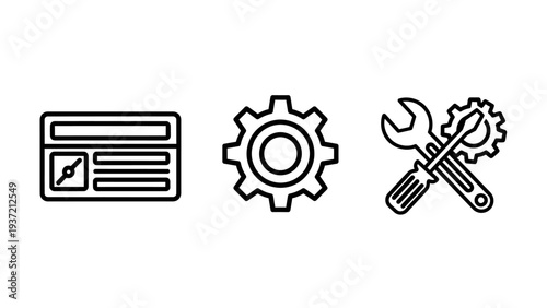 Outline icons for profile card, gear cog, and tools, representing settings, customization, and technical support