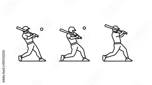 Baseball player swinging bat at ball, sequence of motion, sports illustration icon, clean design