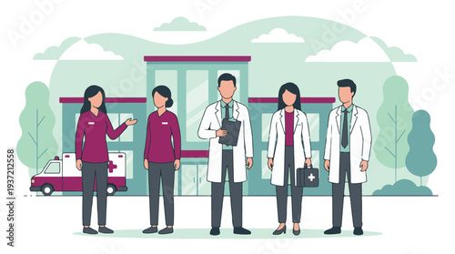 Healthcare professionals group with ambulance standing outside hospital