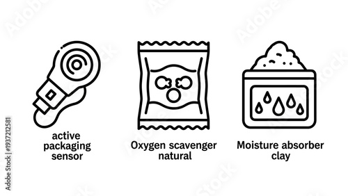 Packaging technology icons: active sensor, oxygen scavenger, moisture absorber clay, modern design